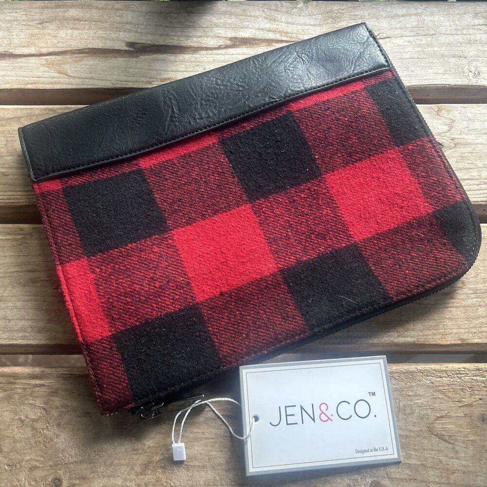 JEN & CO ADELE CLUTCH TABLET SLEEVE 10.5” BLACK/RED PLAID M1981